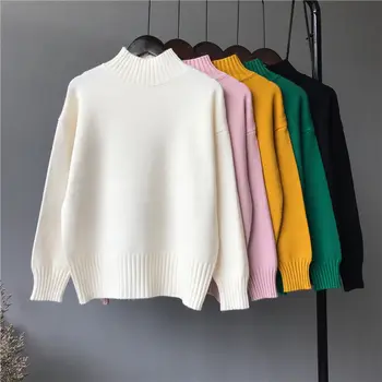 Agrement de înaltă gât Pulover pentru femei de toamna / iarna 2020 maneca lunga cald tricotate pulover vrac alb pulover femei