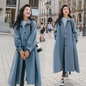 Cald Slim Jacket 2020 Înaltă Calitate Femei Vrac Haină Lungă Elegantă Haină De Lână Cu Centură Deschide Cusatura Design Cald Iarna Haină De Lână