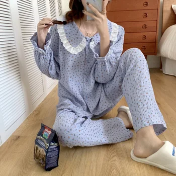 Noul print floral set de pijama pentru femei din bumbac casa costum de liber moale confortabil peter pan guler sleepwear homewear 2 buc Y284