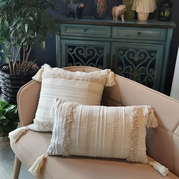 2 buc cojines decorativos para canapea Maroc geometric Bej alb cu smocuri de moț față de pernă de craciun perna acoperi harry styles
