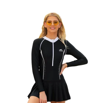 Femeile de Soare UV Protectie Long Sleeve Rashguard de Scafandru-O singură Bucată de Înot de Surf, Snorkeling Costum de Baie Fermoar Fata UPF50+ Swimdress Fusta