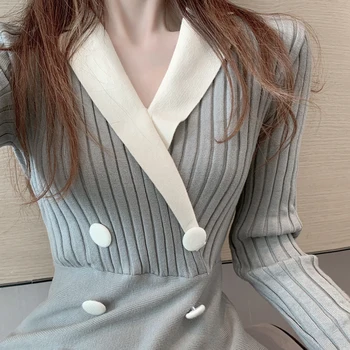 Dublu Rânduri Tricotate Rochie Mini cu Maneci Lungi Pulover Vestidos o Linie de Iarna v Neck Vintage Elegant Negru coreean Toamna 2020 Halat