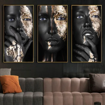 Femeie africană cu Aur Machiaj Panza Picturi Pe Perete Postere de Arta Si Imprimeuri Negre Femeie cu Fața de Pânză Poze Decor Acasă