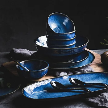 KINGLANG Japoneză Albastru cuptor ceramice glazurate tacamuri set castron de orez placa lingura Udon supa Ramen castron fel de mâncare