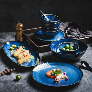 KINGLANG Japoneză Albastru cuptor ceramice glazurate tacamuri set castron de orez placa lingura Udon supa Ramen castron fel de mâncare