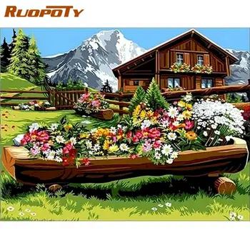 RUOPOTY Imagine De Numere Pentru Adulți 40x50cm Cadru Casă de Flori În Peisaj de Munte Pictura Handmade Cameră Decoruri