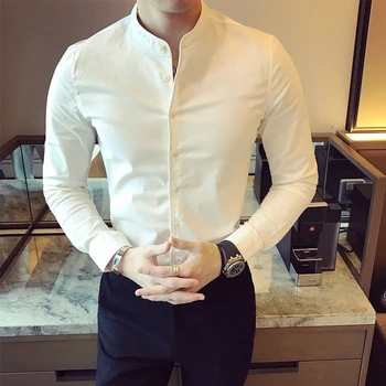 De înaltă calitate negru barbati casual cămașă mâneci lungi slim fit pentru barbati 2020 primăvară tricou de culoare solidă