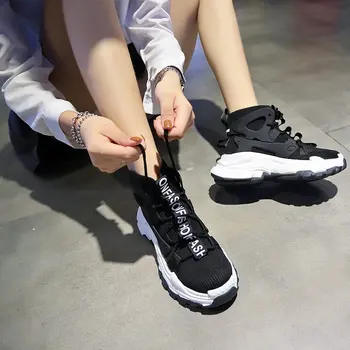 Toamna Femei Șosete Pantofi Platforma Adidași De Moda Adidasi Casual Din Tricot Elastic Cu Ochiuri Pantofi Femei Indesata Formatori Alb Negru
