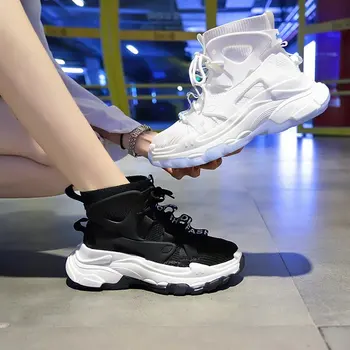 Toamna Femei Șosete Pantofi Platforma Adidași De Moda Adidasi Casual Din Tricot Elastic Cu Ochiuri Pantofi Femei Indesata Formatori Alb Negru