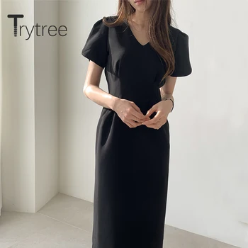 Trytree Vara Femei Casual Rochie V-neck Solid 2 Culoare Talie Mare Moda O-linie Elegant Temperament Jumătatea Vițel Office Lady Dress