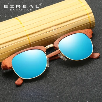 EZREAL Polarizat ochelari de Soare de Lemn Stratificat Jumătate Cadru de Lemn Patrat de Stil pentru Femeile de Bambus ochelari de Soare Barbati In Cutie de Lemn
