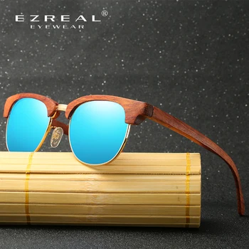 EZREAL Polarizat ochelari de Soare de Lemn Stratificat Jumătate Cadru de Lemn Patrat de Stil pentru Femeile de Bambus ochelari de Soare Barbati In Cutie de Lemn