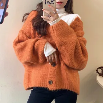 Culoare Pură Femei Cardigan Pulover Jacheta De Iarna De Moda Tricotate Pulovere Gât Rotund Mâneci Lungi Coreean Topuri Trage Femme Hiver