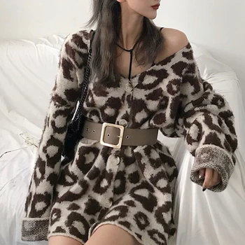 Primăvara Leopard de Imprimare Mohair Pulover Femei Cardigan Tricotate Sacou cu Centura 2020 coreean Toamna V-neck Jumper Haina Uza SW19