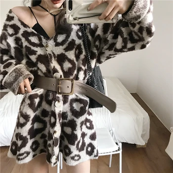 Primăvara Leopard de Imprimare Mohair Pulover Femei Cardigan Tricotate Sacou cu Centura 2020 coreean Toamna V-neck Jumper Haina Uza SW19