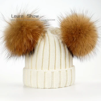 LAURASHOW Iarnă Adevărată Minge de Blana Beanie Hat Pentru Femei, Copii, Copil Pufos de Blană de Raton Pom Poms Chelioși Căciuli