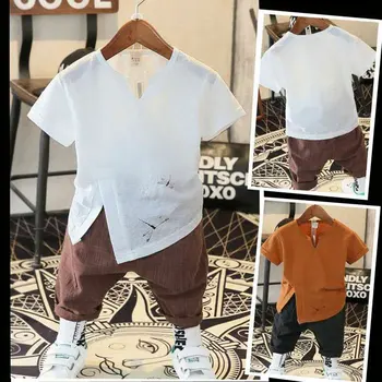 2019 Baieti Set Haine Camasi Pantaloni de Vara Baieti din Bumbac Culoare Solidă de Îmbrăcăminte pentru Băieți Set 2T 3T 4 6 8 10 Ani Haine Copii