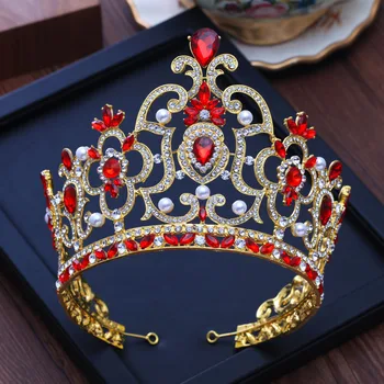 Vintage Regele Regina Diademă de Aur Baroc Metal Diademe de Cristal Roșu Perla Coroanei Mireasa Nunta Accesorii de Par pentru Femei bijuterii de Păr