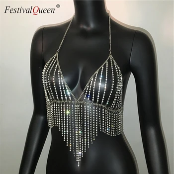 FestivalQueen bling ciucure stras culturilor topuri femeile de vară sexy aur diamond corp de metal lanț de petrecere club de dans cami top
