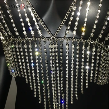 FestivalQueen bling ciucure stras culturilor topuri femeile de vară sexy aur diamond corp de metal lanț de petrecere club de dans cami top