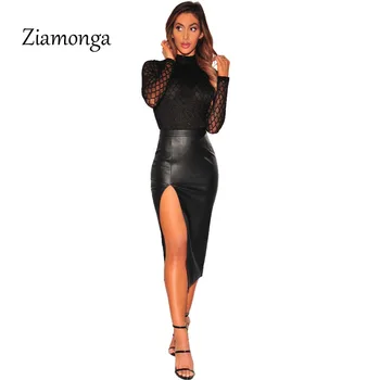 Ziamonga 2019 Negru Ochiurilor De Plasă Pur Maneca Lunga Body Femei Topuri Bodycon Fitness Salopeta Romper Moda Latex Sexy Slim Body