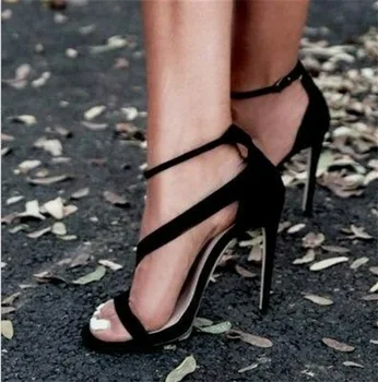 Nou La Modă Design Sexy Femei Stil De Linie Catarama Tocuri Subtiri De Mare Negru Faux Suede Sandale Sandale Rochie 8888