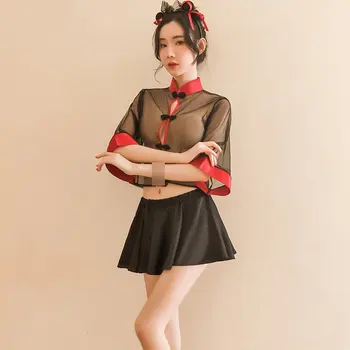 Femei Sexy Hanfu Cosplay Chinez Chi-pao Set Costum Vedea Prin Ochiuri Cheongsam Qipao Erotic Party Club de Noapte, Îmbrăcăminte set