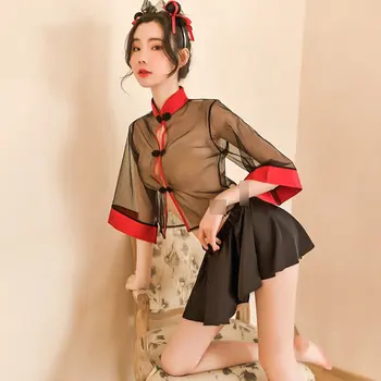 Femei Sexy Hanfu Cosplay Chinez Chi-pao Set Costum Vedea Prin Ochiuri Cheongsam Qipao Erotic Party Club de Noapte, Îmbrăcăminte set