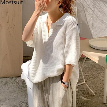 De Vară 2020 coreean Supradimensionate Tricotate Tricouri Topuri Femei Maneca Scurta Guler de Turn-down Solide în Vrac Moda Casual T-shirt Tees