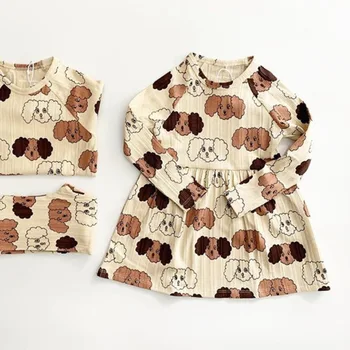 Ins2021 Primăvara și Vara Noua Mini-Serie Completă de Imprimare Catelus pentru Copii cu mânecă Lungă T-shirt Rochie de Bumbac Jambiere