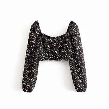 Șic Felinar Maneca Lunga Trunchiate Tricou Femei franceză stil Polka dot Imprimare Doamnelor Crop Top Vintage bluze