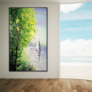 Cel mai bun de vânzare de primăvară frumoasă riverside verde, copaci, peisaj și barca pur manual de abstract pictură în ulei pentru living decorul camerei