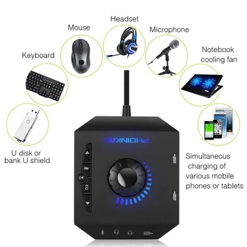 HOT-Phoinikas T10 Multi-Switch Hub Usb Adaptor Audio Stereo Extern Card Cu 3,5 Mm Casti Si Microfon Jack Black