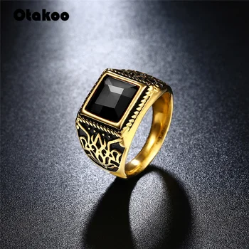 Otakoo Bărbați Pătrat Negru Carneol pietre Semi-Pretioase Inel cu Pecete Ton de Aur din Oțel Inoxidabil pentru bărbați Bijuterii Anillos Accesorii