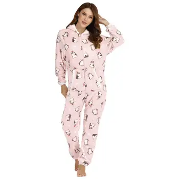 Adulți Flanel Roz Animal Kigurumi Femei body-uri, Pijamale Pinguin Imprimare Cosplay Costum Sleepwear
