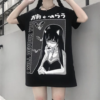 Harajuku Punk Gotice T-Shirt Femei Desene Animate Estetice Print Short Sleeve Top Vrac Teuri De Moda Grunge Întuneric Tricouri Tumblr Sex Feminin