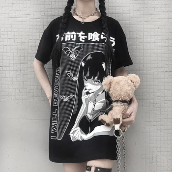 Harajuku Punk Gotice T-Shirt Femei Desene Animate Estetice Print Short Sleeve Top Vrac Teuri De Moda Grunge Întuneric Tricouri Tumblr Sex Feminin