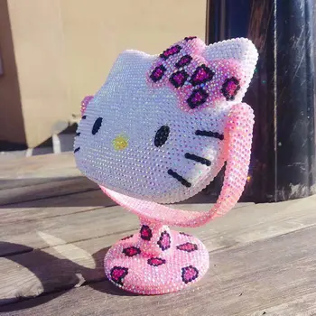 Pink Leopard KT Stras Oglinda Handmade Helloo Kitty Oglinzi Decorative Portabil Masă Kawaii Machiaj Decor Cat Oglindă