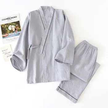 2020 Oameni Noi Kimono Set de Pijamale Primăvara Și Toamna Culoare Solidă Homewaer Tifon de Bumbac Vrac Pijama Set 2 BUC Confort Casual Uzura