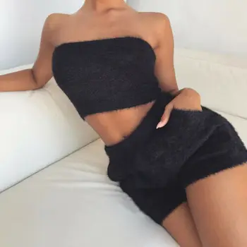 2020 Noua Moda Sexy fara Bretele Femei Lână Piept fără Mâneci Culturilor Sus pantaloni Scurți Set de Pantaloni Casual folie