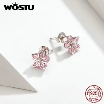 WOSTU Cristal Roz Sakura Floare Cercei Stud Argint 925 Cercei Mici Pentru Femei Nunta Bijuterii de Lux CQE644