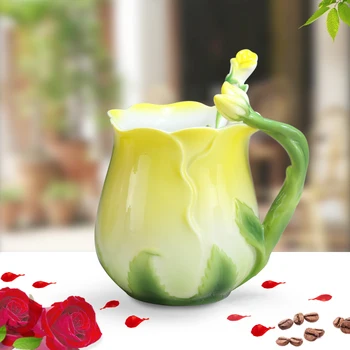 3D Rose Floare Email Cana de Cafea Ceai Lapte Set de Ceasca Cu Lingura de Creație Ceramică Bone China Drinkware Cadou de Ziua Îndrăgostiților