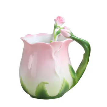 3D Rose Floare Email Cana de Cafea Ceai Lapte Set de Ceasca Cu Lingura de Creație Ceramică Bone China Drinkware Cadou de Ziua Îndrăgostiților