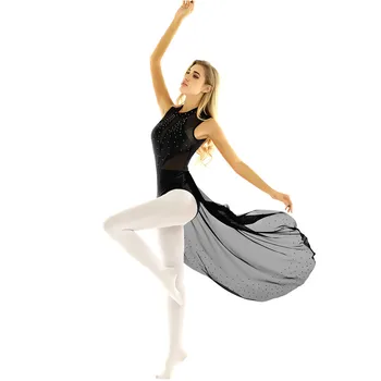 TiaoBug Femei Pietre Strălucitoare Fără Mâneci Pentru Dans Gimnastica Tricou Body Rochie De Balet De Performanță Liric Costume De Dans