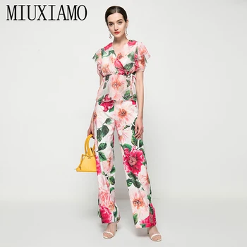 MIUXIMAO 2021 Vara Noi Femeile Seturi de Petrecere de Vacanță V-Neck Șifon Bluza Si Pantaloni Casual, Floare de Imprimare de Moda Costum din Două Piese