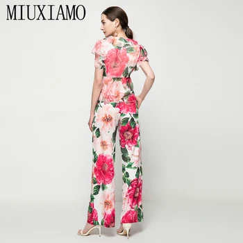 MIUXIMAO 2021 Vara Noi Femeile Seturi de Petrecere de Vacanță V-Neck Șifon Bluza Si Pantaloni Casual, Floare de Imprimare de Moda Costum din Două Piese