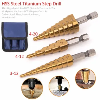 3-12mm 4-12mm 4-20mm HSS Oțel Titan Pas burghie Pas Con Tăiere 3pcs Instrumente de Oțel de prelucrare a Lemnului Lemn Metal Foraj Set