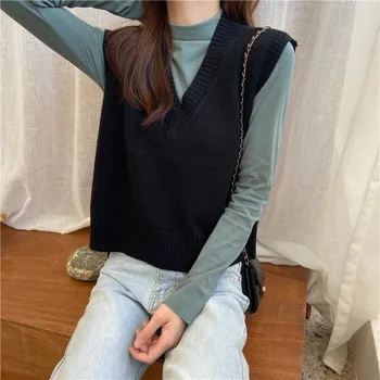 Vesta Femei Moale Confortabil Toate-meci Solid Simplu stil coreean Liber Casual la Modă Fetele V-neck fără Mâneci Tricotate Nou