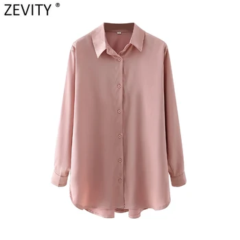 Zevity 2021 Noua Moda pentru Femei Culoare Solidă Pieptul Satin Halat Bluza Office Lady Maneca Lunga Tricou Subțire Șic Blusas Topuri LS7638