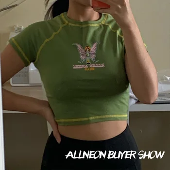 ALLNeon E-fată Fluture Grafic și de Imprimare Scrisoare Cusatura Verde Topuri de Cultură Y2K Vară Stil Grunge O-gat Maneci Scurte T-shirt